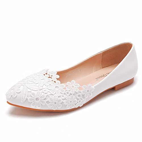WOkismD Kvinnor slip-on platta balettskor vit spets bröllop platta spetsig stängd tå skor bröllopsfest klänning bekväma skor, vit, 39