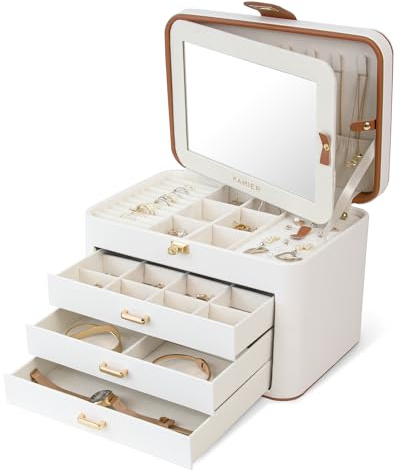KAMIER Schmuckkästchen für Damen, große Schmuckschatulle mit 4 Ebenen, Schmuckbox mit Spiegel und Schloss, Griff Schmuckkästchen für Ringe, Ohrringe, Halsketten, Armbänder