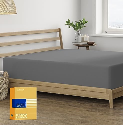 THREAD SPREAD 100% Egyptian Cotton Full Size Fitted Sheet Only - 600 Thread Count 16 Deep Pocket Full Size Fitted Sheet, Soft Cooling Sateen No Pop-Off Elastic Bottom Sheet for Adults - Dark Grey