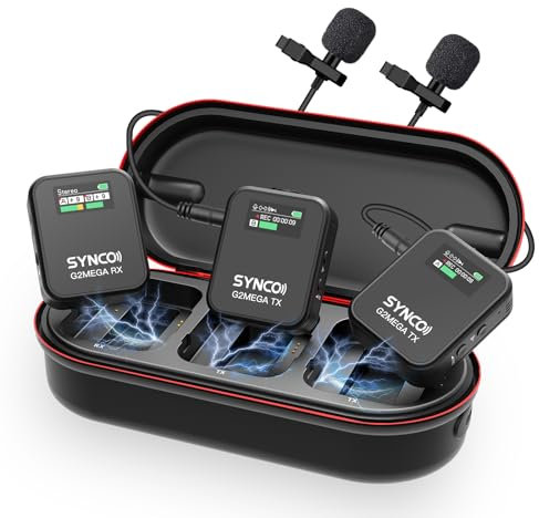 SYNCO Wireless Lavalier Mikrofon, G2A2 MEGA Dual Kabellos Ansteckmikrofon 24H Dauer 200m Reichweite für Kamera Smartphone Tablet, Drahtloses Lav Mikrofon für Interviews Vlog