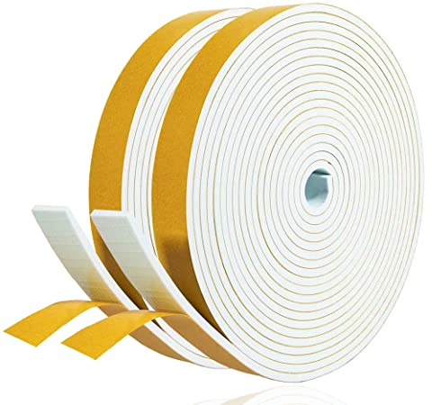 Draught Excluder Self Adhesive Foam Tape 25mm(W) x 3mm(T) Window Door Weather Stripping SoundProof Weather Strip Tape Seals for Gap Seal,2 Rolls, Total 10M Long White