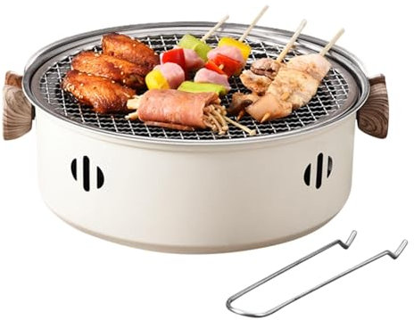 Barbecue au charbon de bois – Grilles de barbecue antiadhésives, barbecue au charbon de bois multifonction | Four à charbon de bois avec lève-filet et poignée en bois, barbecue de table pour intérieur