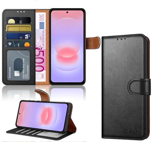 iCatchy for Samsung Galaxy A37 / A36 Case with 4 Card Slots Leather Wallet Flip Book Magnetic Closure Kickstand Shockproof Protective Phone Cover for Samsung A37 / A36 (Black)