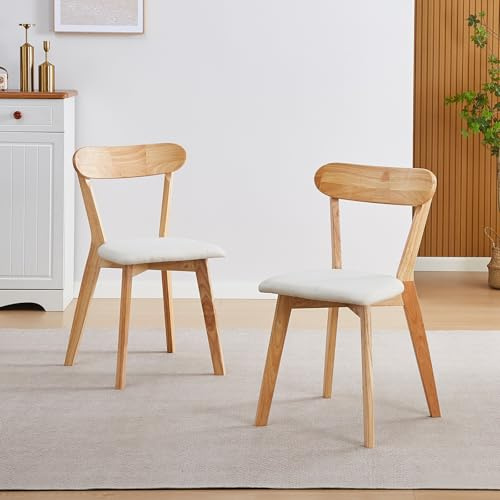 paonne Solid Wood Dining Chairs Set of 2, Natural Wood Louis Upholstered Chairs with Curved Backrest and Soft Pad