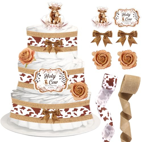 CORNER LACE Baby Shower Highland Cow Diaper Cake Decorations, Birthday Party Diaper Cake Supplies Brown, Include Cow Ribbon, Burlap Ribbon, Bow Tie, Cake Cards, Artificial Flowers