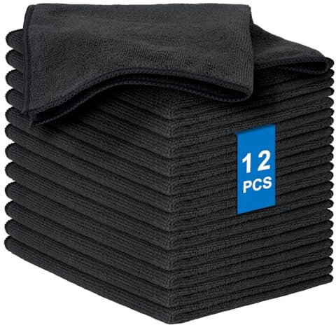 AYESY Paños de Limpieza de Microfibra, 12 Piezas Toallas de Limpieza Multiuso Paños de Cocina de Microfibra Reutilizables Trapos de sin Rayas Muy Absorbentes Tamaño 32 x 32 cm (Negro)