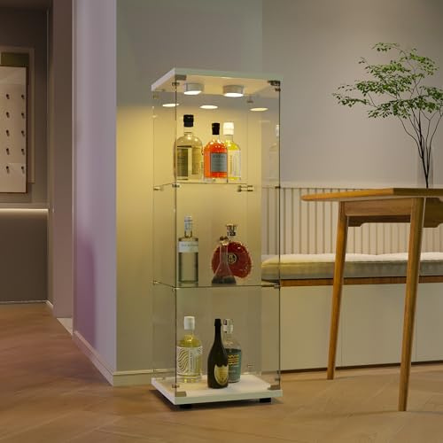 JYNVO Vitrine à trois couches en verre trempé noir avec éclairage, vitrine en verre avec porte et serrure, vitrine sur pied, vitrine de salon, vitrine sur pied, vitrine de salon (blanc)