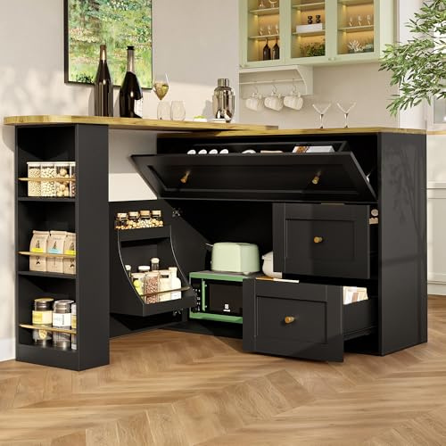Moimhear Mesa de bar extensible, 138-204 × 39 × 105 cm, armario de cocina, con estante para aperitivos, mesa de bar telescópica, mesa alta (negro y madera)
