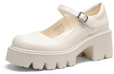 DREAM PAIRS Women's Mary Janes Shoes Platform Dress Low Heel Chunky Pumps Round Toe Ankle Strap Pumps Shoes Oxfords Esther,Size 7,Beige,SDPU2346