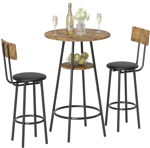 HOMCOM Bartisch mit Barhocker-Set Esstisch mit 2 Gepolsterten Stühlen mit Fußstütze, Metallrahmen, Industrial Bartisch Set Küchetisch mit Ablage für Esszimmer, Kleine Raum, Rustikal-Braun