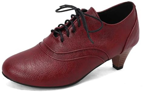 Botines de piel para mujer, hechos a mano, puntera cuadrada, con cordones, cremallera lateral, tacón alto y grueso, Red, 36 EU