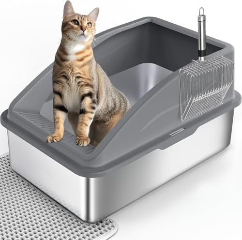 FURTIME Caja de arena para gatos de acero inoxidable XXL, bandeja de arena para gatos de acero inoxidable 30L, caja de arena grande con pala para arena de gatos y alfombrilla de doble capa, caja de