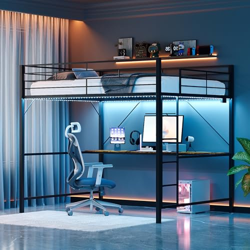Bonnlo Loft Bunk Bed with Desk, Mental Loft Bed with Outlet & LED Light, High Sleeper Bed - 38cm Safety Guardrail & Non-Slip Straight Ladder, Space-Saving Single Bed Frame for Kids Teens Adults, Black