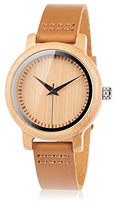 BOBO BIRD Women's Bamboo Wooden Watch with Brown Cowhide Leather Strap Analog Quartz Casual Watches