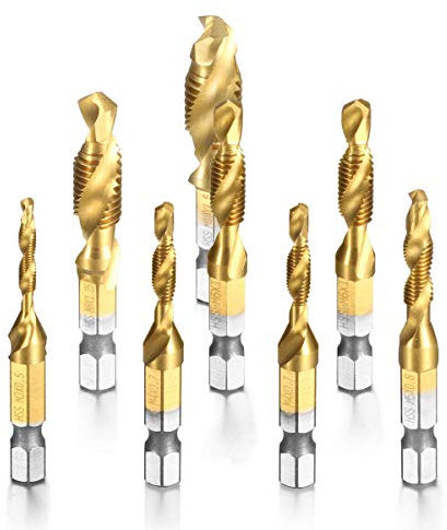 Camtek 8 tlg Kombi Gewindebohrer 1/4'' HSS Schraube Sechskantschaft Senker Werkzeuge Bohrer Set Titan Maschinengewindebohrer Verwendet für Holz Kunststoff Dünnes Aluminium, Nicht für Hartes Metall