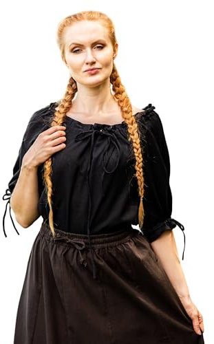 Leonardo Carbone® Damen Bluse Vera | Schulterfrei | Schnürung | Karneval, Halloween, Cosplay, LARP, Mittelalterbluse, Tunika, Kostüm, Festival, Event | 100% Baumwolle Schwarz 3XL