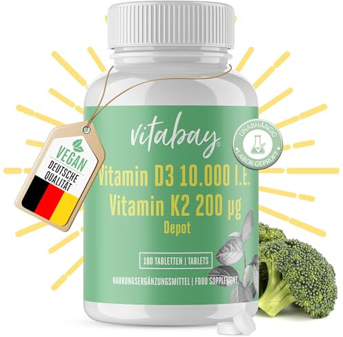 Vitabay Vitamin D3 K2 10000 IE – 180 vegane Tabletten – Vitamin D3 K2 Kombination – Ohne Zusatzstoffe und vegan – Sorgfältig verarbeitet für gleichbleibende Qualität – Laborgeprüft in Deutschland