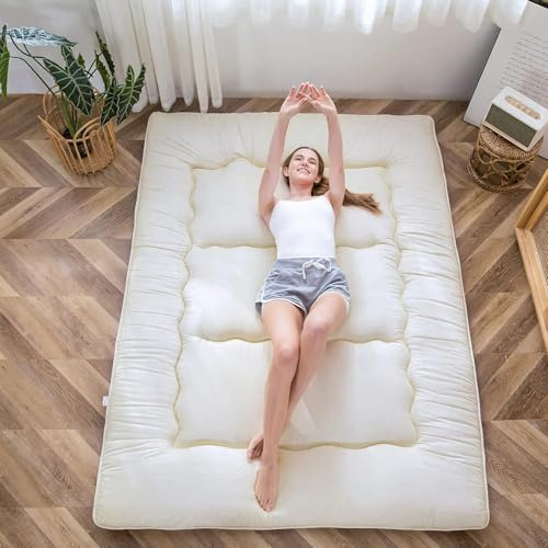 MAXYOYO Futon Mattress, Padded Japanese Floor Mattress Quilted Bed Mattress Topper, Extra Thick Folding Sleeping Pad Breathable Floor Lounger Guest Bed for Camping Couch (Off-White, Single)