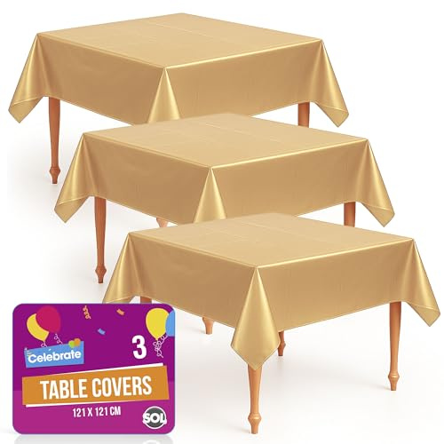 SOL 3pk Gold Disposable Tablecloths 121x121cm. Durable Plastic Cover for Parties, Weddings, Anniversaries, Retirement, Birthdays, Gala Dinners, Christmas & New Year – Waterproof, Easy Clean & Elegant