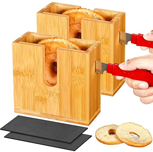 Rtteri 2 Pieces Wood Bagel Cutter Slicer for Small and Large Bagels with 2 Pieces Silicone Anti Slip Mat Wooden Bagel Cutter Bread Slicer Bagel Holder for Buns, Muffins and Rolls, Knives not included