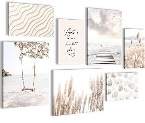 Novart Wandbilder Strand Meer Relax - KOMPLETT AUFHÄNGFERTIG - Beige Wohnzimmer Schlafzimmer - 7 Moderne Mood-Bilder - N023471a