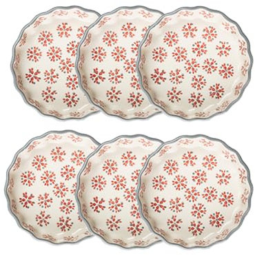 Tranquillo 6er Set Tarteletteform aus Steinzeug mit handgestempeltem Print Grau-Rot RETRO, Ø11 x 3 cm