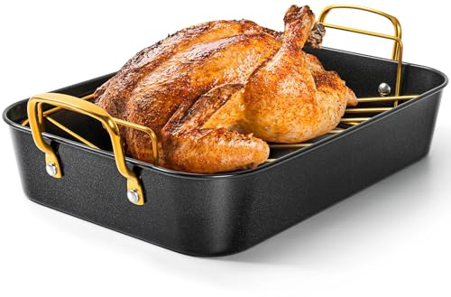 MICHELANGELO Roasting Pan with Rack, Carbon Steel Turkey Roasting Pan for Oven and Induction, Nonstick Turkey Roaster Pan with Stainless Steel Golden Rack & Golden Handle, 15 Inch x 11 Inch