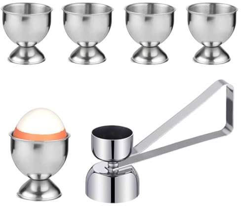 VVHFXD 5 hueveras de acero inoxidable, con pie, apilables, 1 accesorio para huevos, abridor de huevos, hueveras plateadas, para camping, bandeja para el desayuno