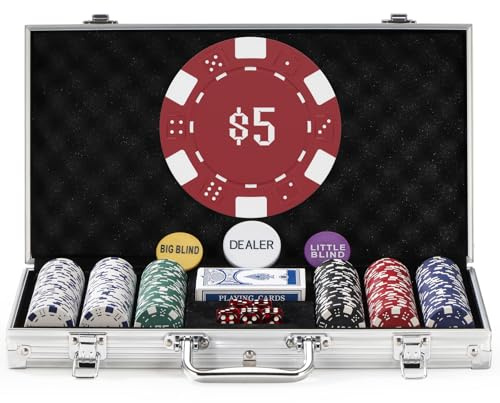 LUOBAO Set med 300 st numrerade pokermarker för Texas Holdem, Blackjack, turneringar med aluminiumfodral, 2 kortlekar, återförsäljare, små persienner, stora blindknappar och 5 tärningar, 11,5 gram