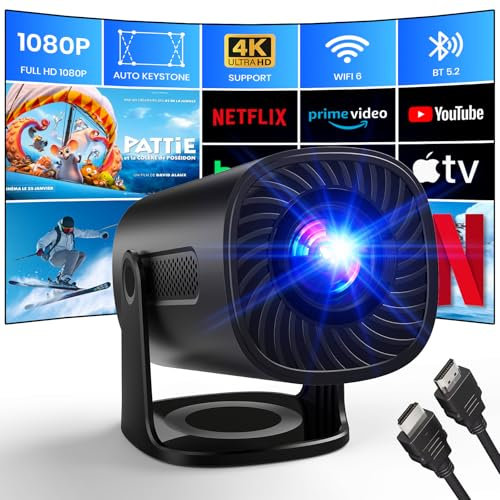 Mini Proiettore 4K 1080P proiettore con Modalità Stella WiFi 6 y Bluetooth Proiettore con Apps e Android TV OS, Auto Keystone Altoparlanti stereo, Compatible con TV Stick/Smartphone/HDMI,Nero