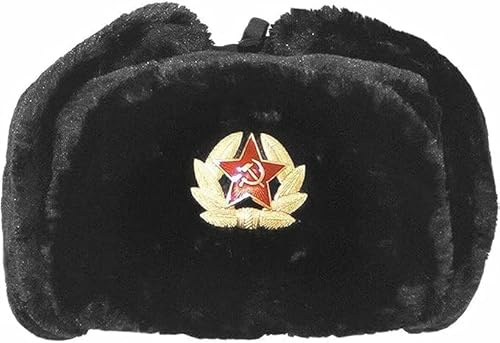CHAAL® Russian Trapper Hat Mens Winter Warm Hat Cap with Soviet Badge Unisex Faux Fur Ushanka Flaps Hat Soviet Style Unisex Winter Hat Black