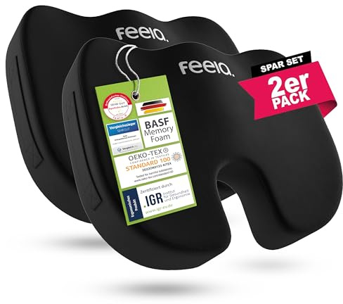 feela.® Ortopedisk sittdyna [3 hårdhetsgrader] – ergonomisk sittdyna för kontorsstol & Co – verkar smärtreducerande, ökar sittkomfort och lindrar svanskotan (set om 2, hård)