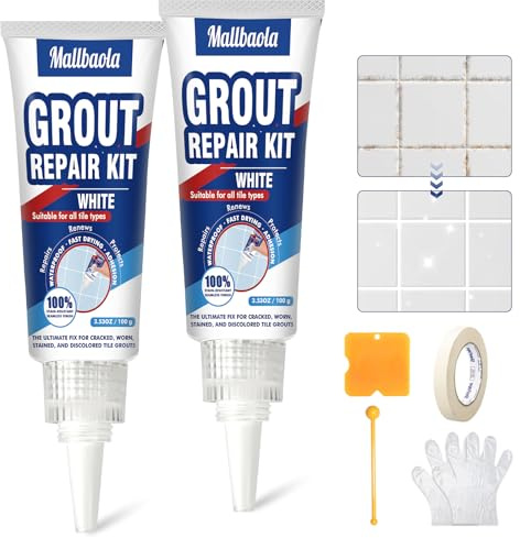Tile Grout Repair Kit, 2 Pack White Grout Reviver with Tool, Fast Drying Tile Grout Sealer, White Grout for Bath, Shower, Kitchen Floor and Wall,Restore and Renew Joints Line, Waterproof, Grout Pen