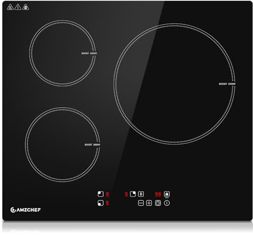 AMZCHEF piastra induzione 3 fuochi 60CM, Induzione Portatile con 9 livelli di potenza e Boost, blocco di sicurezza e timer, protezione dal surriscaldamento, schermo tattile LED, da incasso, 7400W