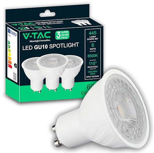 V-TAC 3x Lampadine LED GU10 6W (Equivalenti a 60W) - PRO SERIES - 445 Lumen - Alta Luminosità - Faretto Led GU10 Massima Efficienza e Risparmio Energetico - Lampadina Luce Fredda 6500K