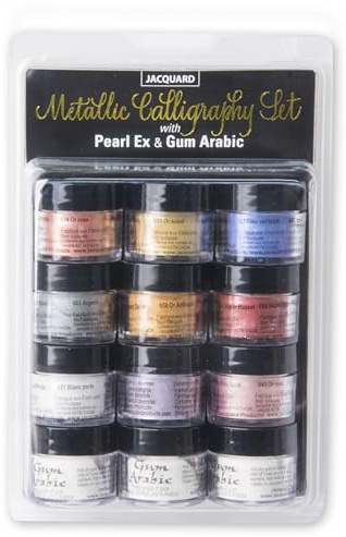 Jacquard Pearl Ex Pigment Powder Metallic Calligraphy Set 3 Gram Jars for Epoxy Resin, Watercolors, Calligraphy Ink & Clay