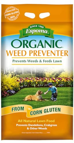 Espoma Organic Weed Preventer Plus Lawn Food from 100% Corn Gluten Meal. Helps Prevent Weed Seed Establishment and Provides Organic nitrogen That Keeps lawns a deep Green Color. 25 lb. Bag