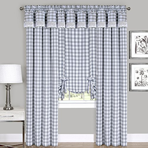 Sweet Home Collection Kitchen Window Curtains Tier, Swag, or Valance Diseño Decorativo a Cuadros de búf, Poliéster, Gris, 84 Panel