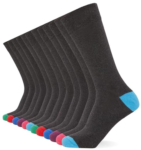 FM London Mens (12-pack) Men’s Smart Breathable Socks, Grey/Colour Heel & Toe, 39-46 EU UK