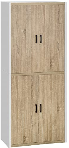 HOMCOM Credenza Cucina con 4 Ripiani Regolabili, Mobile Cucina Dispensa in Legno MDF, 4 Porte e Dispositivo Antiribaltamento, 80x40x182cm, Color Legno e Bianco