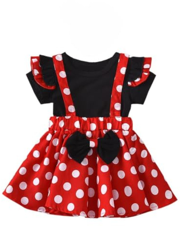 Lito Angels Vestito Topo Cartone Mouse Bambina Costume Bimba Neonata con Fascia, Carnevale Pois Rossi Gonna con Bretelle, Taglia 12-24 mesi, Pois Rossi