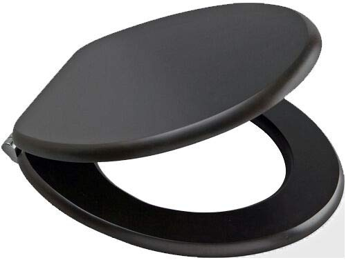 Marco Paul 18 Heavy Duty Universal Wooden Black Toilet Seat Novelty Quick Release Toilet Seat with Hinges Non Slip MDF Black Oval Wood Toilet Seats Replacement Toilet Seats for Busy Homes Offices