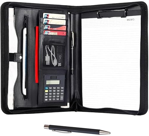 Eshow Padfolio for Men Women, Leather Portfolio with Zipper – Professional Interview Resume Organizer with Card Holder, Writing Pad & File Folders for Business, Lawyer, Student