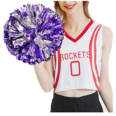 SHTGOI 2 pompon da cheerleading pom poms con anello cheerleader, fiori a mano, per eventi sportivi, giochi a palla, balli, feste di carnevale, viola + argento