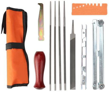 3 speglar universal motorsågsslipningskit, motorsågskedjeslipare med 4 mm (5/32 tum) 3/16 tum (13/64 tum) och 5,2 mm (7/32 tum) runda filer, platt fil, handtag, arkiveringsguide och påse