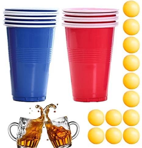 Rianpesn Pong Drinking Game - Bachelor Game Table Tennis Cups,12 Red and Blue Beer Glasses with Balls, Supplies Cup Set for Adults Outdoor Pub Camping