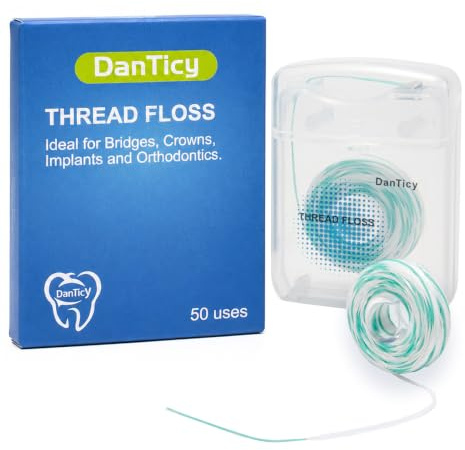 DanTicy Hilo dental de dos hebras para aparatos ortopédicos y puentes, 2 en 1 con soporte, limpieza interdental eficaz contra la irritación de las encías, tamaño de viaje para viajes, 50 unidades
