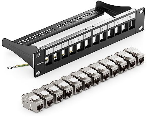 deleyCON 12 Porto CAT7 Pannello Patch SET Campo Delle Patch Campo di Distribuzione Modulare 1 IU 10 Pollici Montaggio Rack + 12x CAT 7 Keystone Moduli RJ45 10 Gbit/s 600 MHz Cavi di Posa Nero