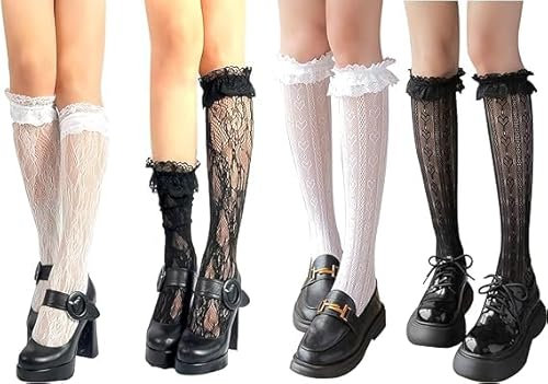 FEXPDL 4 Pairs Lace Knee High Anklet Socks - Women's Frilly Sheer Fishnet Patterned Stockings