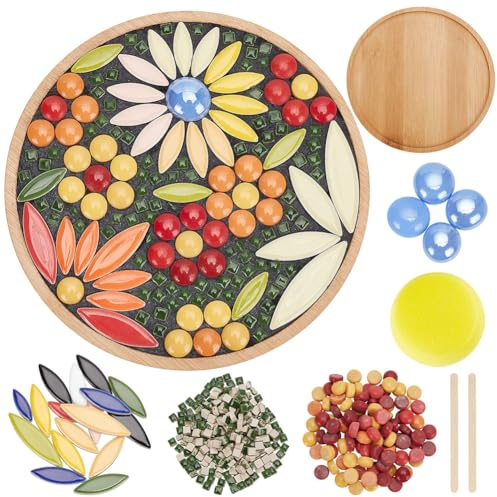WEBEEDY Kit de manualidades de mosaico de flores, kit de posavasos de bambú para adultos principiantes, azulejos de mosaico de vidrio de colores mixtos con base redonda para posavasos de mosaico hecho